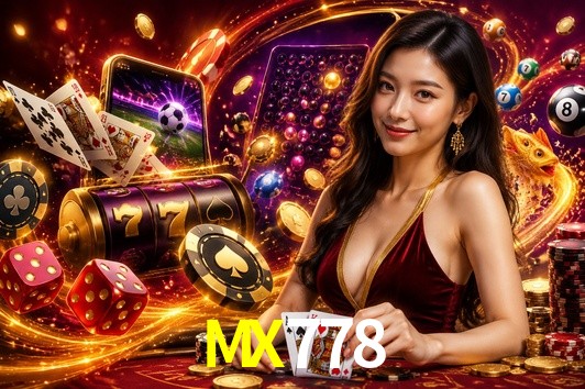 Una escena digital vívida inspirada en casino con MX778 mostrado prominentemente, luces brillantes, fichas, cartas y acentos dorados.